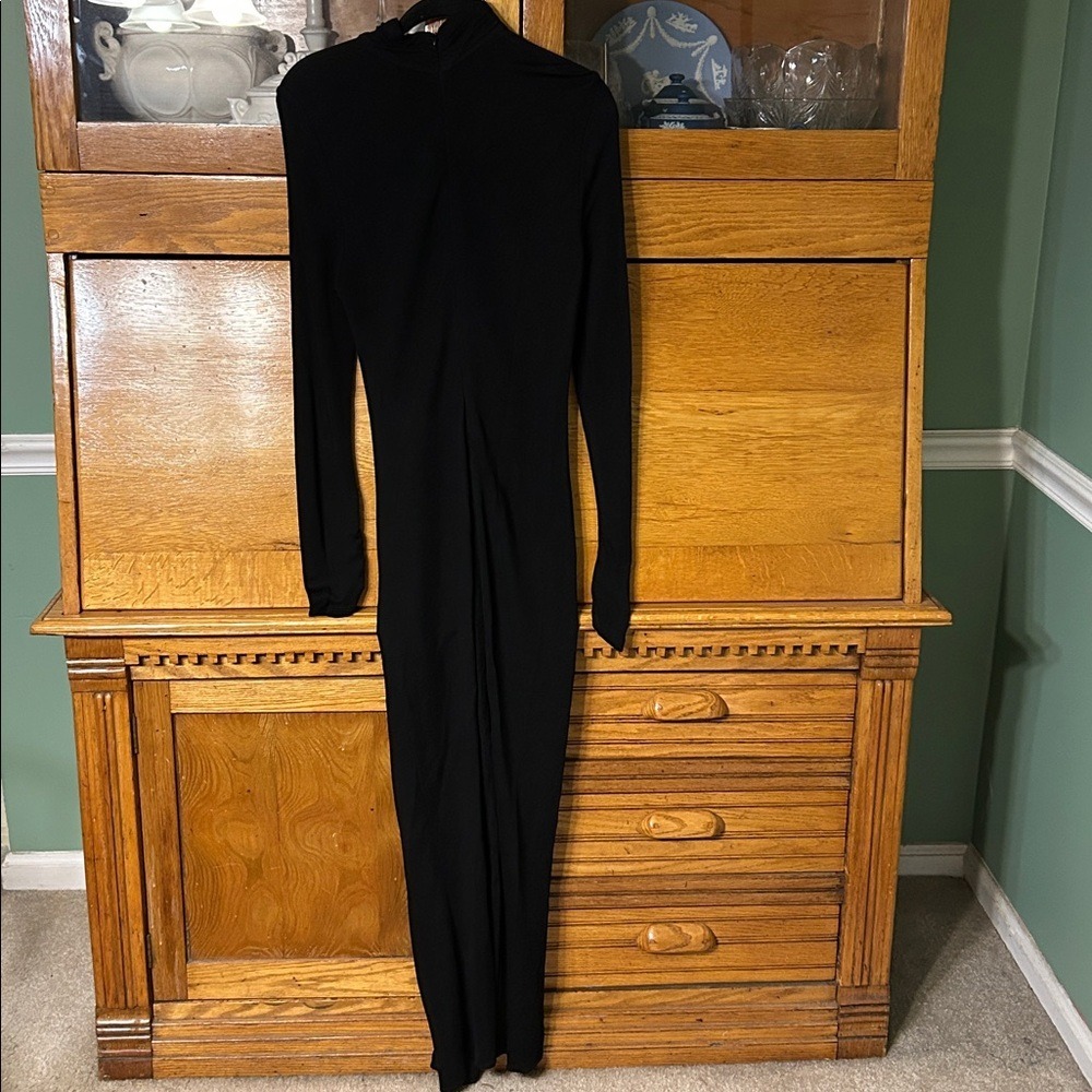 Zara Avant Garde Bodycon Black Ruched Maxi Dress High Neck Long Sleeve Edgy - Picture 2 of 14